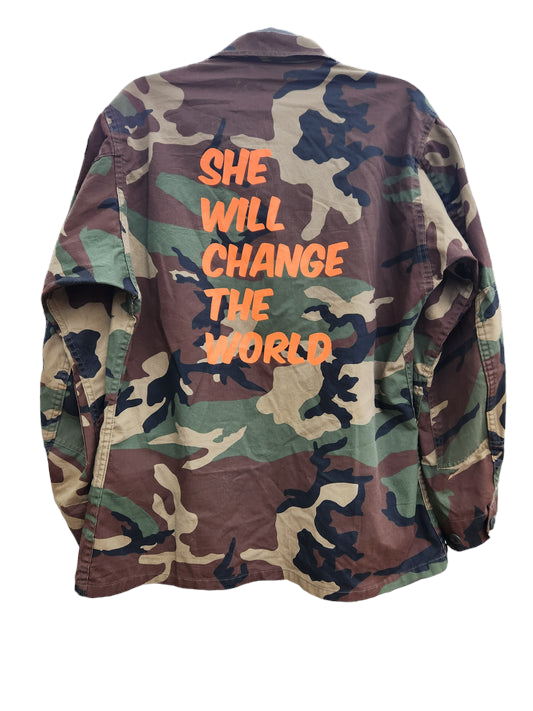 SHE WILL CHANGE THE WORLD UPCYCLED CAMO